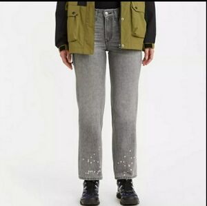 Levis Womens Low Pro Straight Leg Gray Denim Jeans Size 29 Mid Rise Splatter Hem